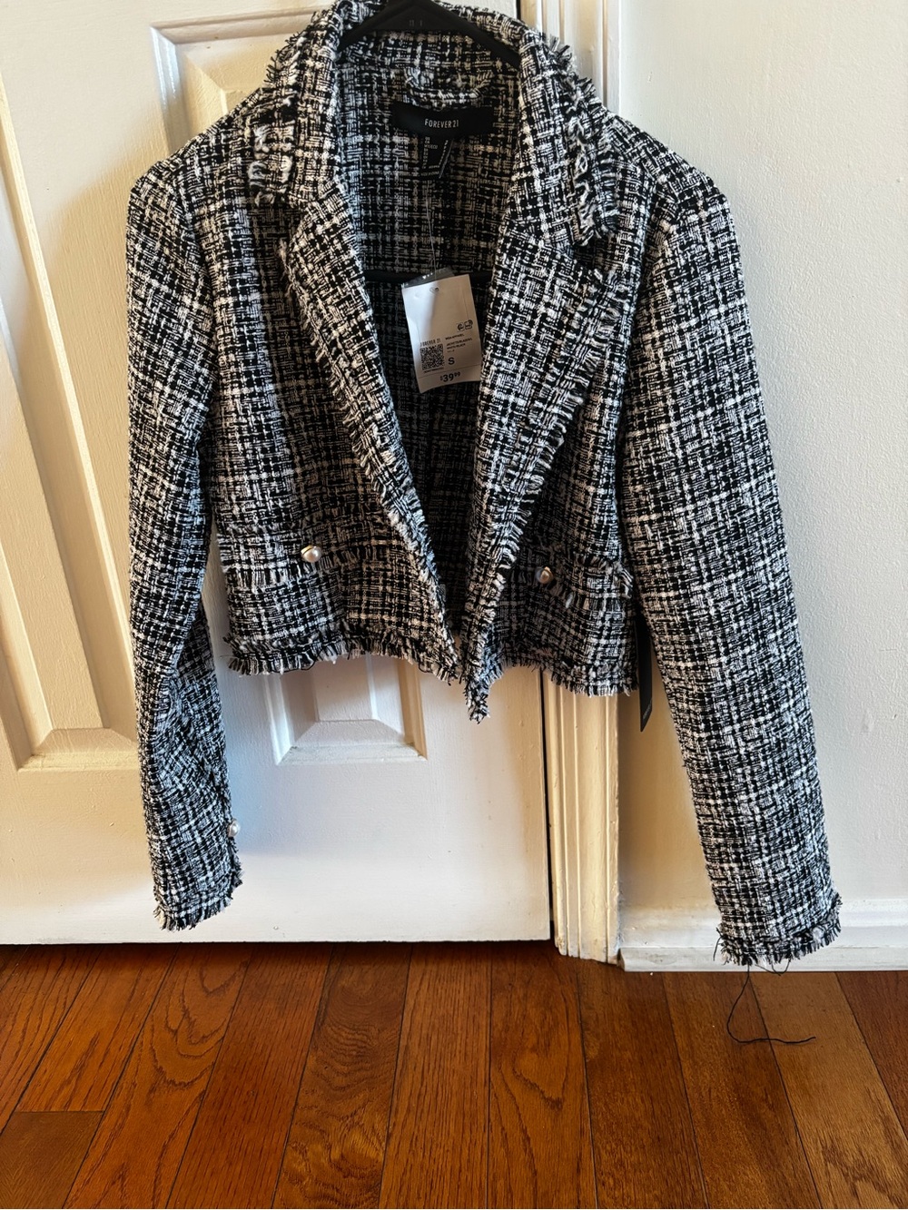 Forever 21 Black and White Tweed Frayed Cropped Blazer